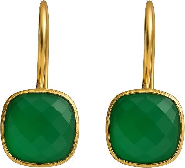 Green Onyx Cushion Cut Gold Plated Sterling Silver Drop Earrings - Handmade Jewelry Gift Ideas for Women - Natural Gem Gemstone - Birthday Valentine's Mother's Day Gift