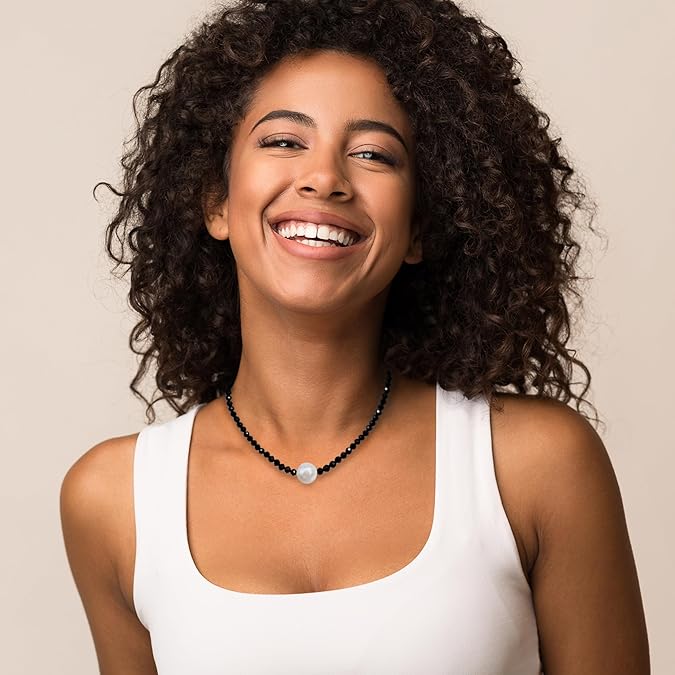 Single Pearl Choker Pendant Necklaces for Women, Natural Gemstone Womens Black Stone Beaded Choker Necklace, Dainty Round Freshwater Pearl Handmade Jewelry Gift Women Birthday Bridesmaids Anniversary 16 18 inch