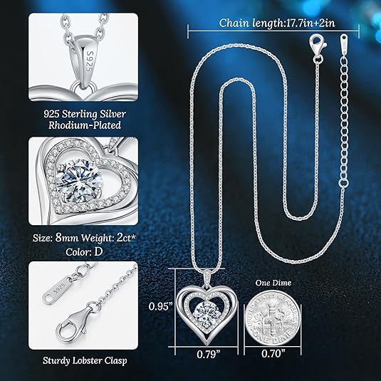 Moissanite Heart Pendant Necklaces for Women, 925 Sterling Silver Necklace Engraved with 'I LOVE YOU', Ideal Anniversary Birthday Christmas Valentine Mothers Day Jewelry Gifts for Mom Wife Girlfriend Daughter Her