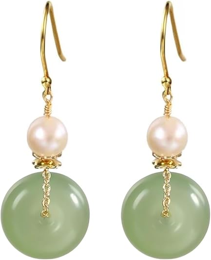 Natural Jade & Freshwater Pearls Earrings Dainty Handmade Earrings for Women Dangle Hook Earrings Drop Earrings Lucky Jewelry Gift for Mom Lover Her (14K Gold Filled)