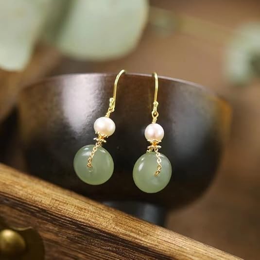 Natural Jade & Freshwater Pearls Earrings Dainty Handmade Earrings for Women Dangle Hook Earrings Drop Earrings Lucky Jewelry Gift for Mom Lover Her (14K Gold Filled)