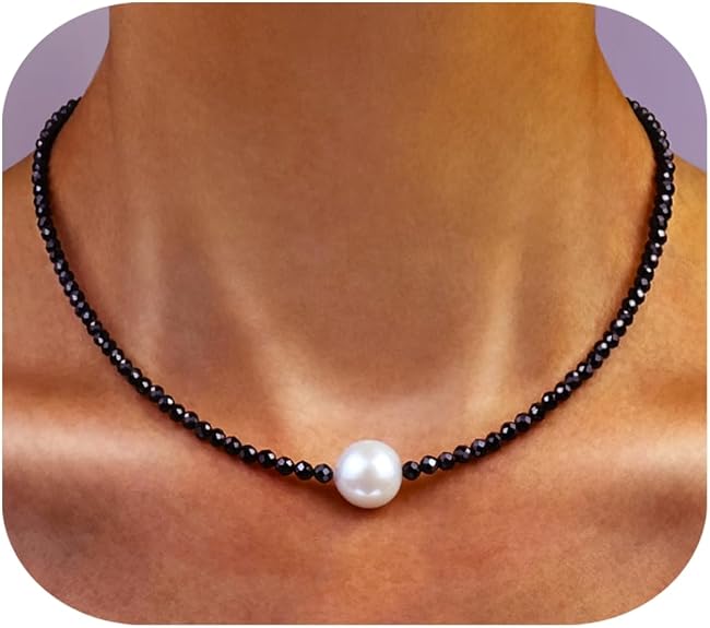 Single Pearl Choker Pendant Necklaces for Women, Natural Gemstone Womens Black Stone Beaded Choker Necklace, Dainty Round Freshwater Pearl Handmade Jewelry Gift Women Birthday Bridesmaids Anniversary 16 18 inch