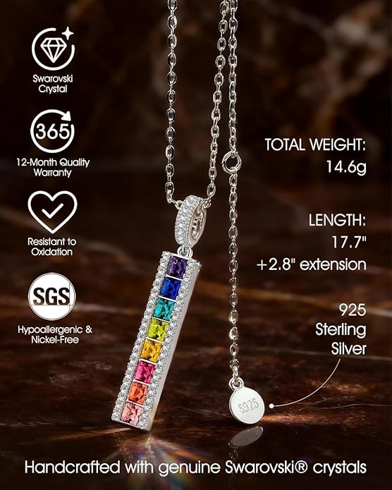 Rainbow of Life Necklace, Handcrafted with Swarovski® Crystals, 925 Sterling Silver Necklace with 17.7+2.8 inch Chain, Comes with Luxurious Gift Box for Christmas, Birthday, Anniversary