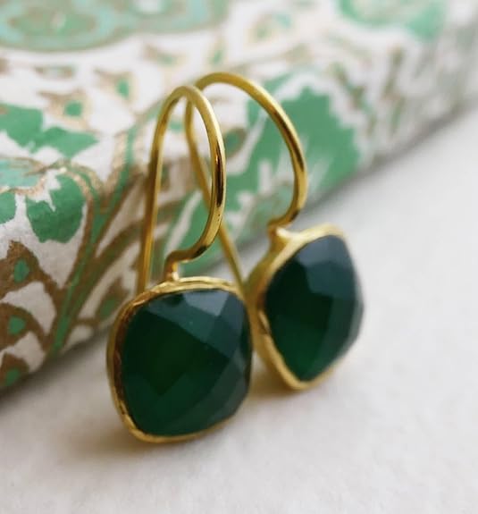 Green Onyx Cushion Cut Gold Plated Sterling Silver Drop Earrings - Handmade Jewelry Gift Ideas for Women - Natural Gem Gemstone - Birthday Valentine's Mother's Day Gift