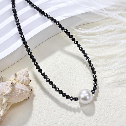 Single Pearl Choker Pendant Necklaces for Women, Natural Gemstone Womens Black Stone Beaded Choker Necklace, Dainty Round Freshwater Pearl Handmade Jewelry Gift Women Birthday Bridesmaids Anniversary 16 18 inch
