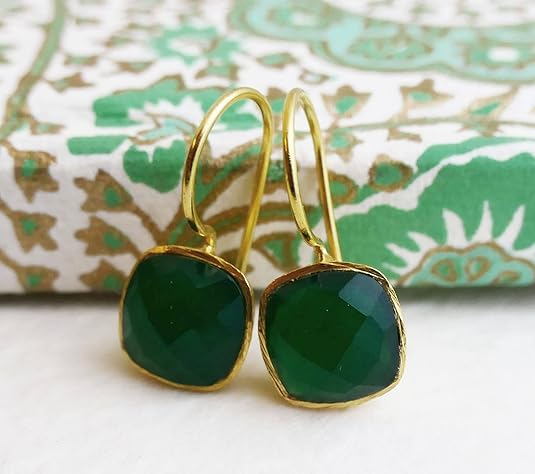 Green Onyx Cushion Cut Gold Plated Sterling Silver Drop Earrings - Handmade Jewelry Gift Ideas for Women - Natural Gem Gemstone - Birthday Valentine's Mother's Day Gift