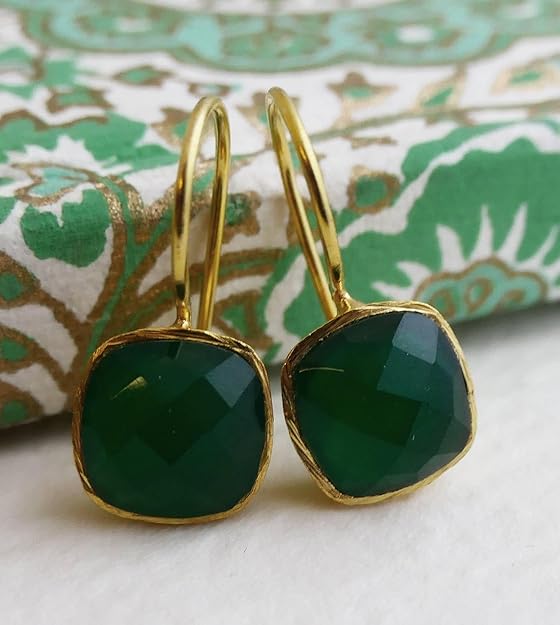 Green Onyx Cushion Cut Gold Plated Sterling Silver Drop Earrings - Handmade Jewelry Gift Ideas for Women - Natural Gem Gemstone - Birthday Valentine's Mother's Day Gift