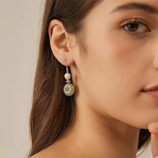 Natural Jade & Freshwater Pearls Earrings Dainty Handmade Earrings for Women Dangle Hook Earrings Drop Earrings Lucky Jewelry Gift for Mom Lover Her (14K Gold Filled)