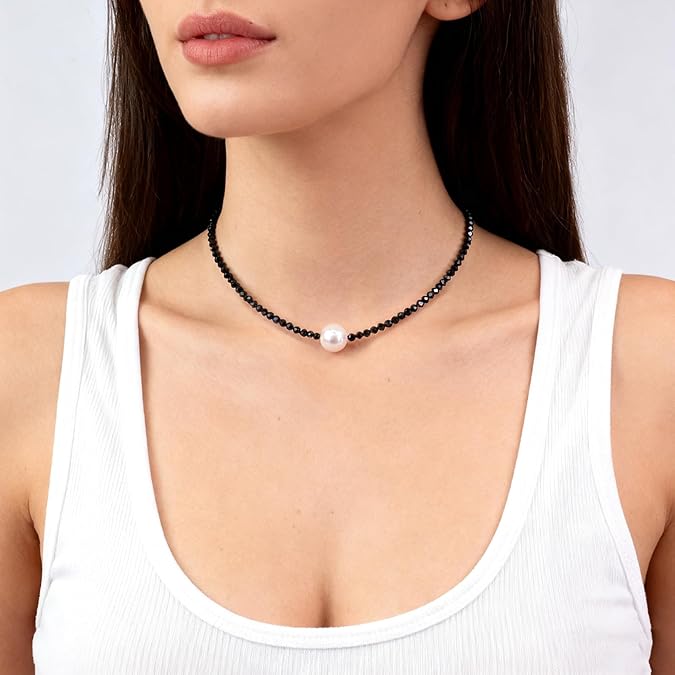 Single Pearl Choker Pendant Necklaces for Women, Natural Gemstone Womens Black Stone Beaded Choker Necklace, Dainty Round Freshwater Pearl Handmade Jewelry Gift Women Birthday Bridesmaids Anniversary 16 18 inch