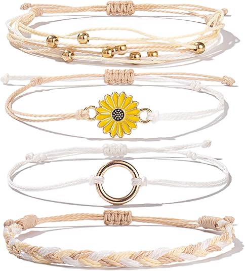 FANCY SHINY Sunflower String Bracelet Boho Braided Rope Wrap Bracelets Cute Summer Beach Surfer Jewelry for Women Christmas Gifts