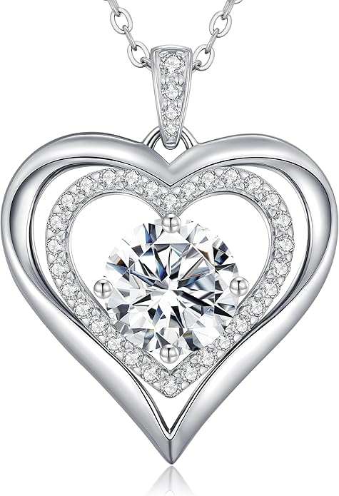 Moissanite Heart Pendant Necklaces for Women, 925 Sterling Silver Necklace Engraved with 'I LOVE YOU', Ideal Anniversary Birthday Christmas Valentine Mothers Day Jewelry Gifts for Mom Wife Girlfriend Daughter Her