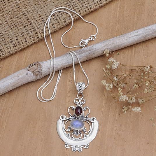 Artisan Handcrafted Rainbow Moonstone & Garnet Teardrop Pendants | .925 Sterling Silver Birthstone Necklace | Handmade