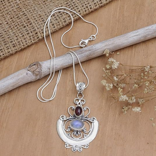 Artisan Handcrafted Rainbow Moonstone & Garnet Teardrop Pendants | .925 Sterling Silver Birthstone Necklace | Handmade
