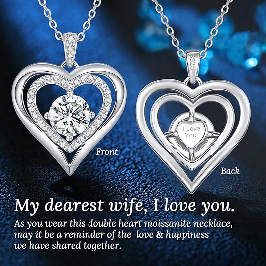 Moissanite Heart Pendant Necklaces for Women, 925 Sterling Silver Necklace Engraved with 'I LOVE YOU', Ideal Anniversary Birthday Christmas Valentine Mothers Day Jewelry Gifts for Mom Wife Girlfriend Daughter Her
